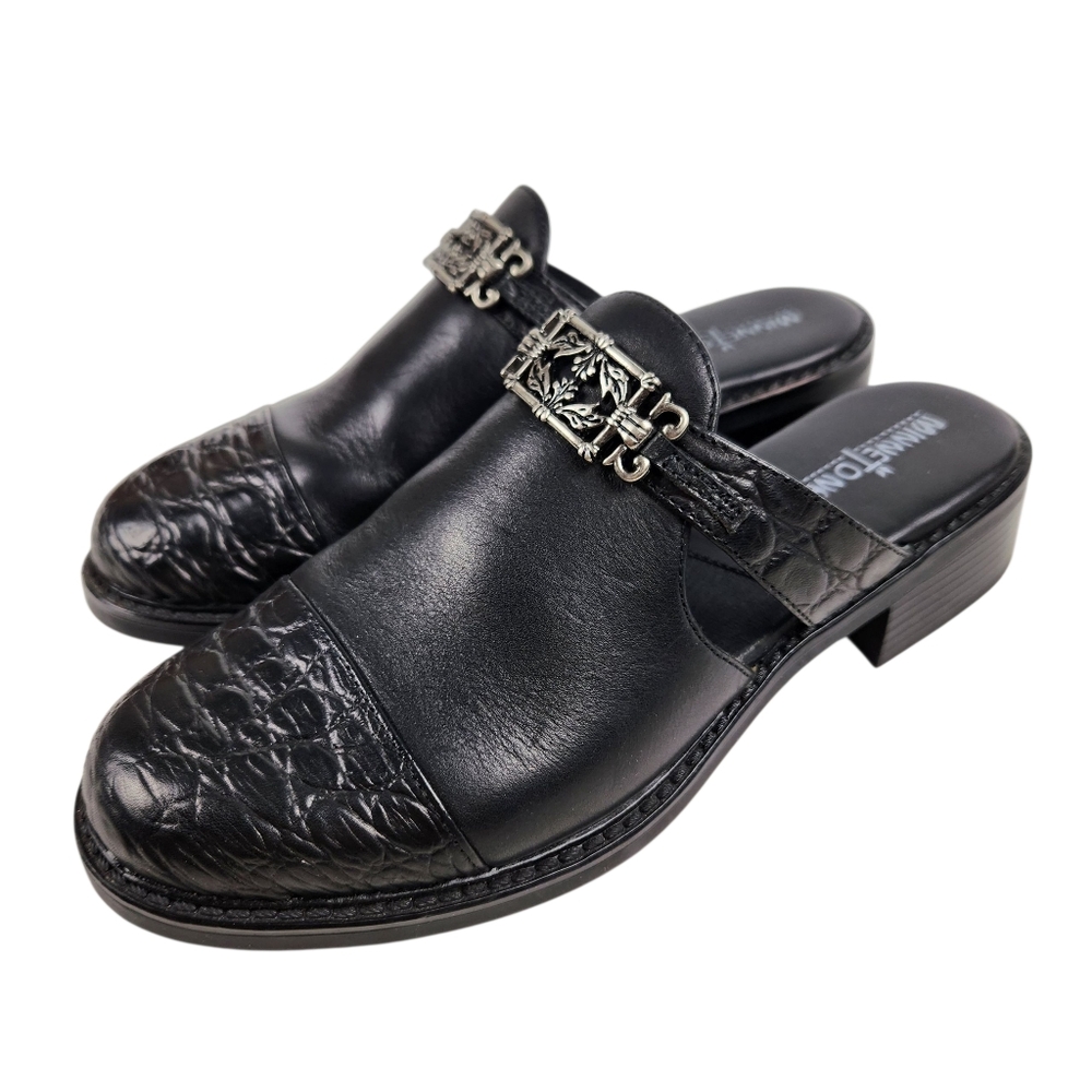 Minnetonka Black Leather Alligator Cap Toe Block Heel Mules 6050 Womens Size 6